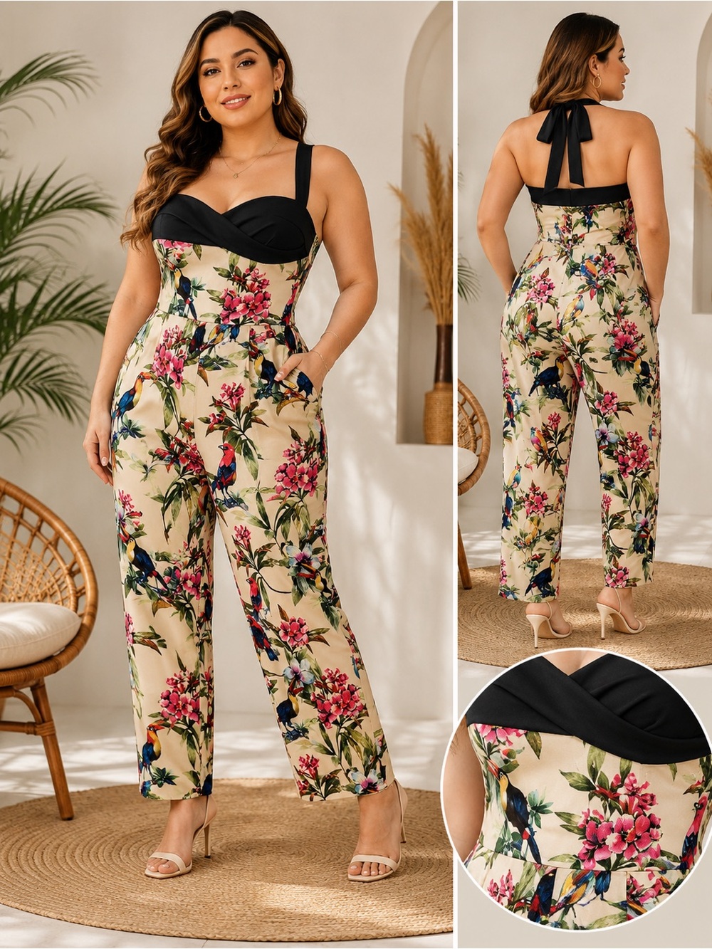 Lindy Bop Black & Cream Floral Halter Jumpsuit